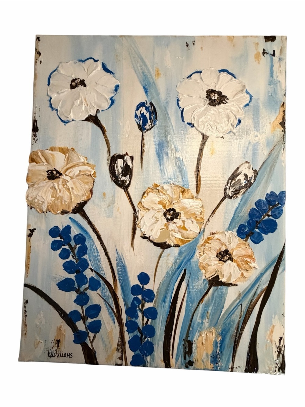 NWT Acrylic Textured Floral Canvas Painting in White, Blue & Cream 14 x 18"